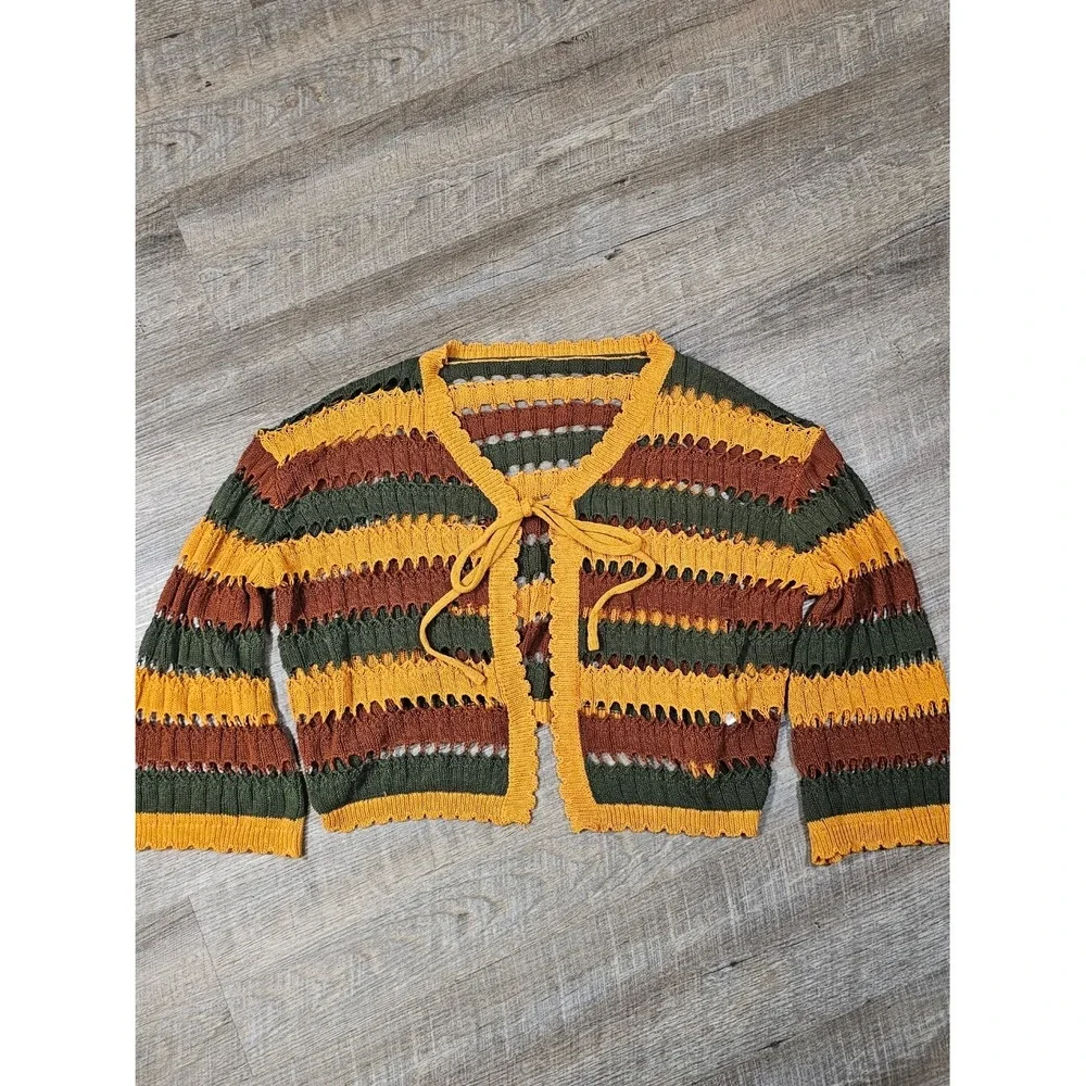 Boho Striped Open Knit Cropped Cardigan Sweater Tie Front Earth Tones Medium
